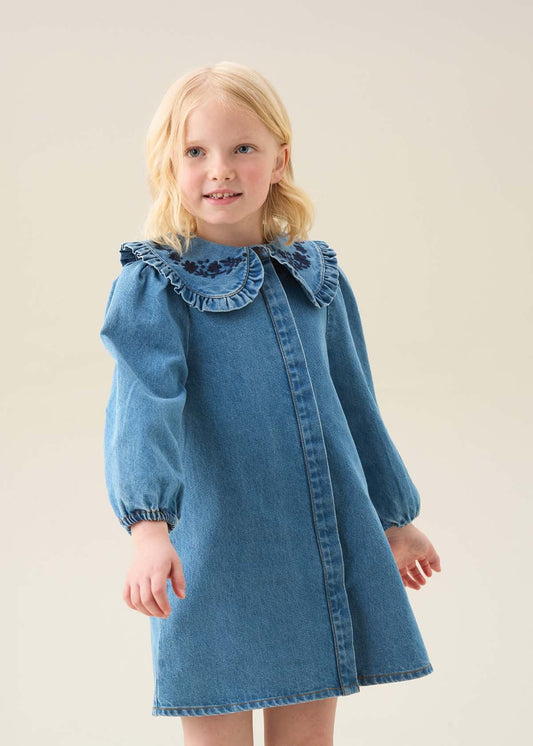 midi girl denim embroidered collar dress