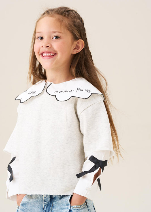 white girl mock layered shirt and sweatshirt