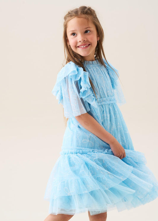 midi girls bow print mesh dress blue