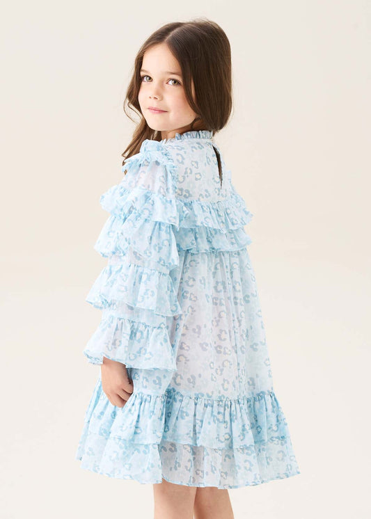 maxi girls imogen blue leopard frill dress blue