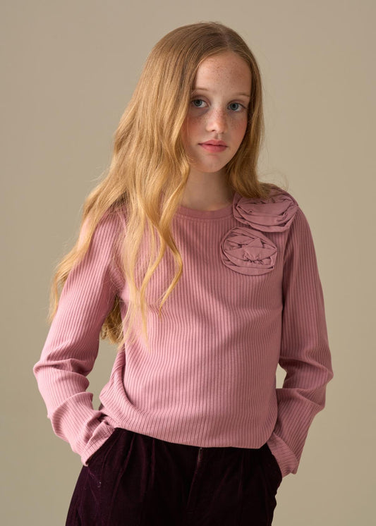cotton girl corsage rib ls top rose