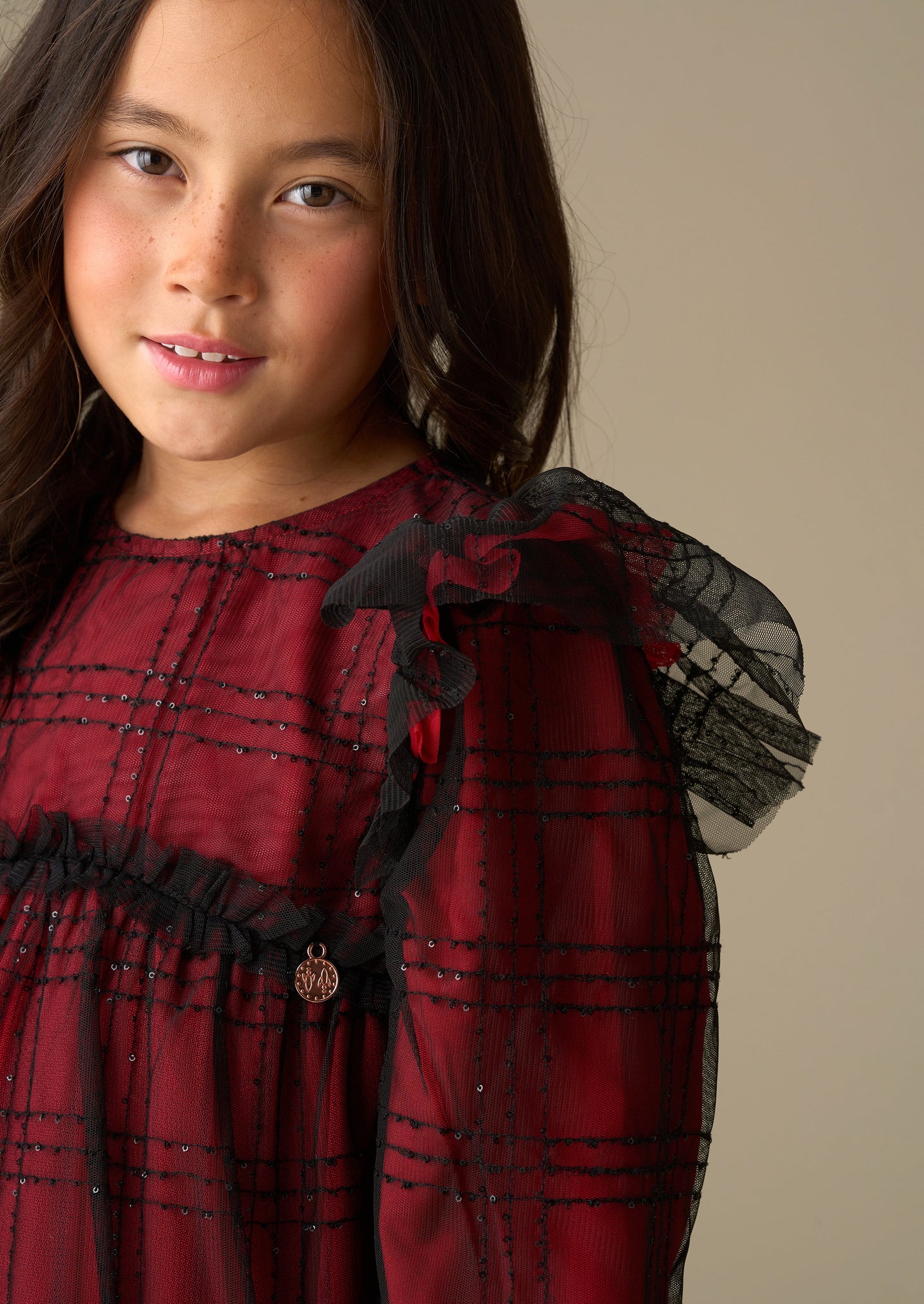 red girl sequin tartan mesh dress