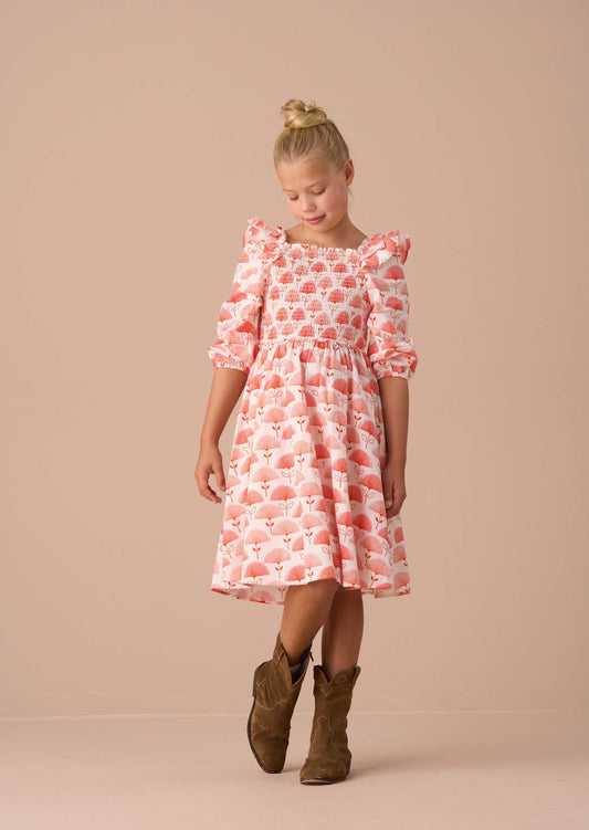 Maxi Girls Pink Ruffle Shoulder Print Dress