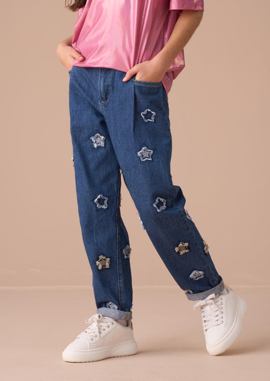 Kids Boy Blue Star Applique Barrel Fit Jeans