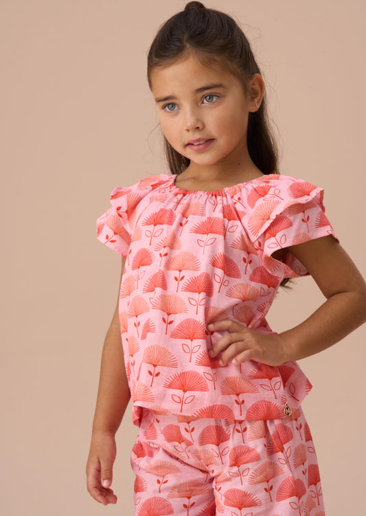 Short Sleeve Girls Carman Pink Fan Floral Top