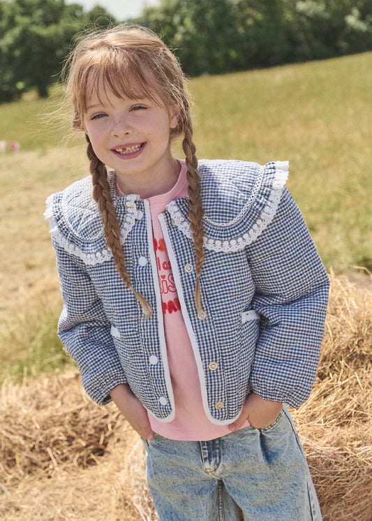 Girls Quilted Lace Trim Collar Jacket