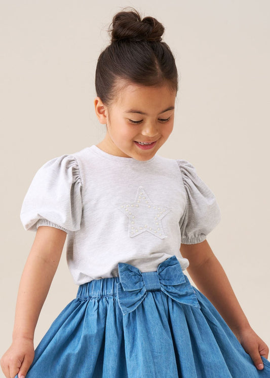 cotton girl grey star puff sleeve tee
