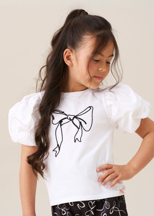 Girl puff sleeve White Bow Tee