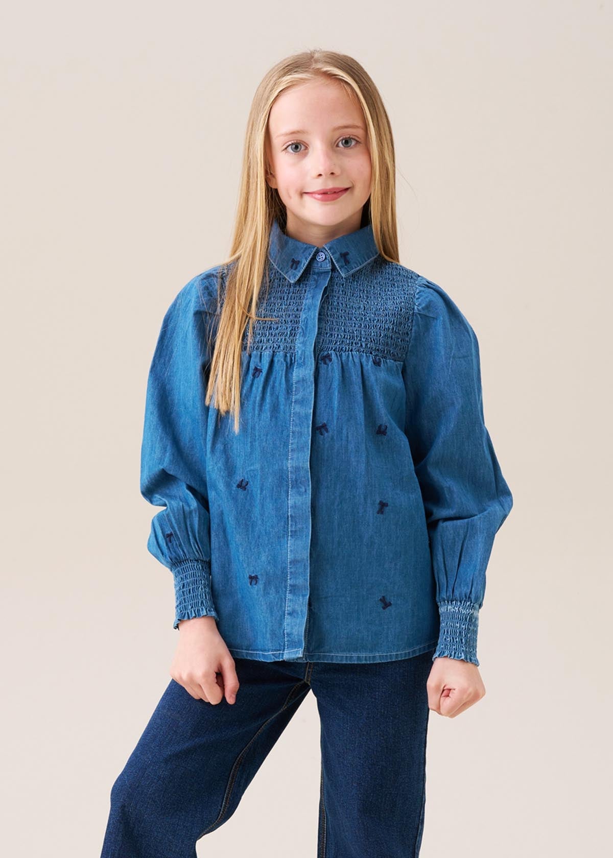 Long sleeve girls embroidered denim shirt