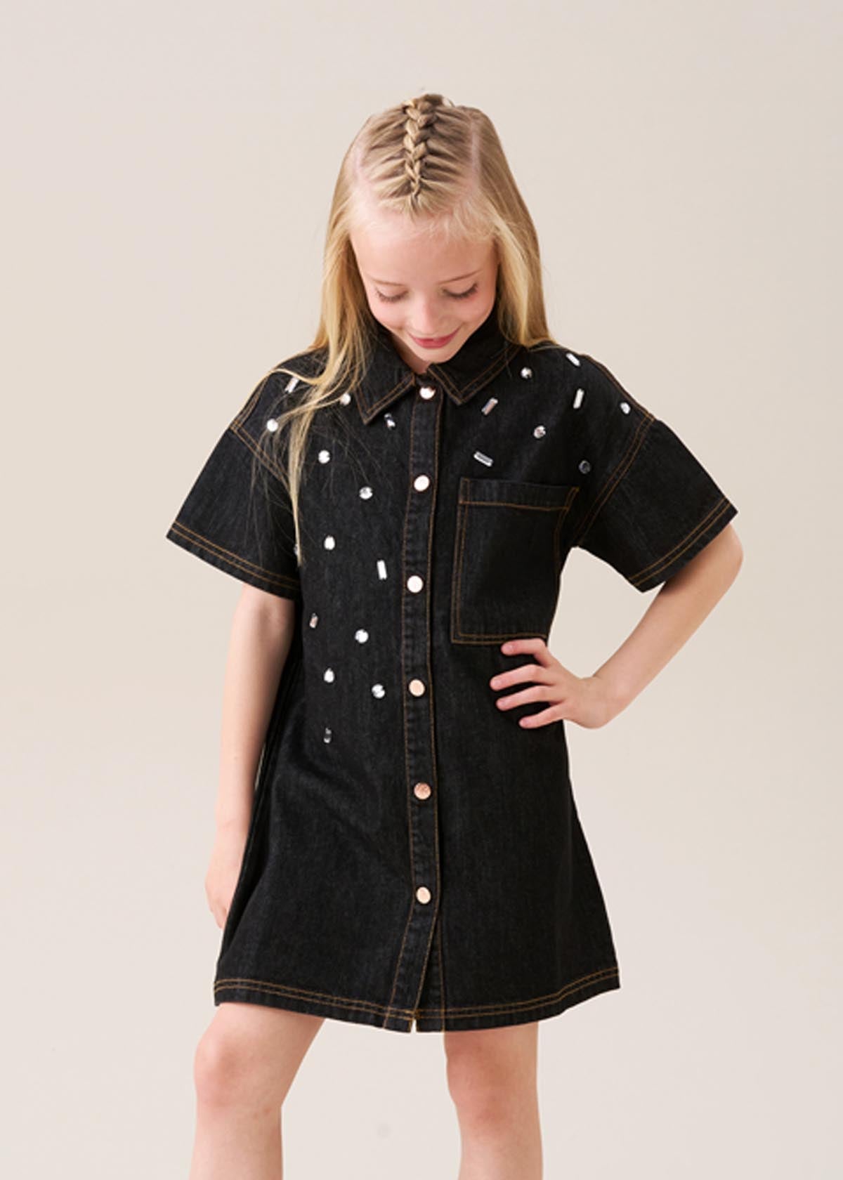 Girls Gem Embellished Denim Dress