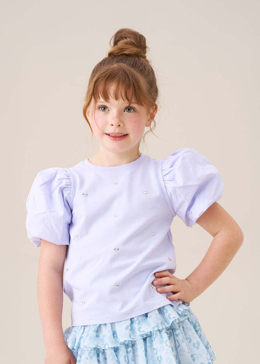 Girl Diamonte Puff Sleeve Tee Lilac