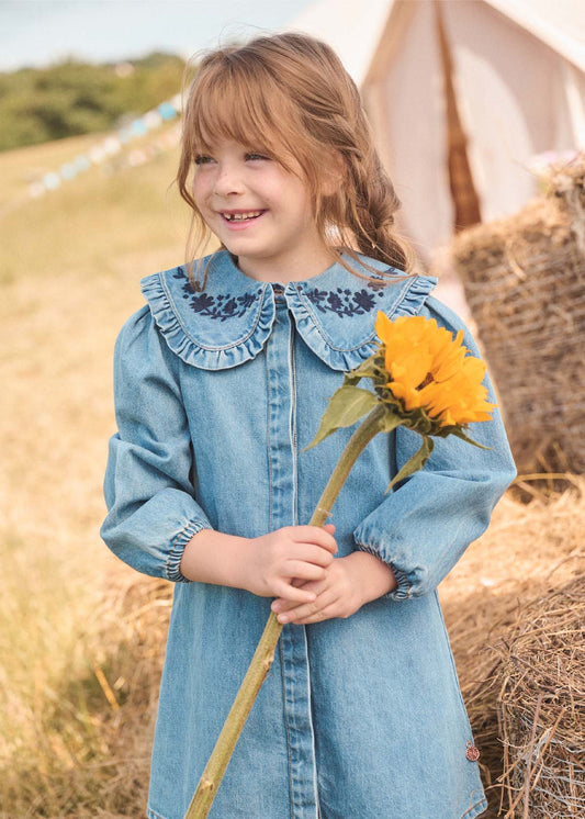 Girl Denim Embroidered Collar Dress