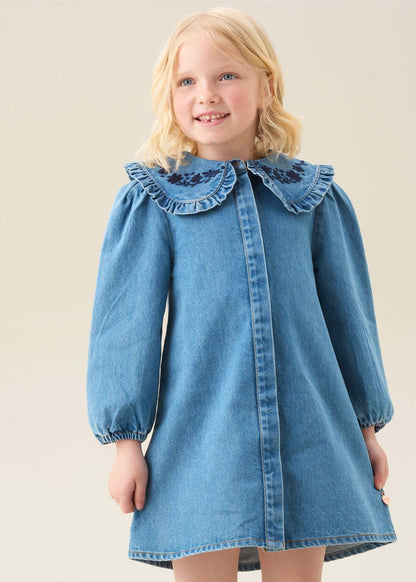 blue girl denim embroidered collar dress