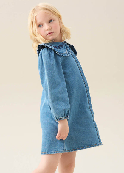 maxi girl denim embroidered collar dress