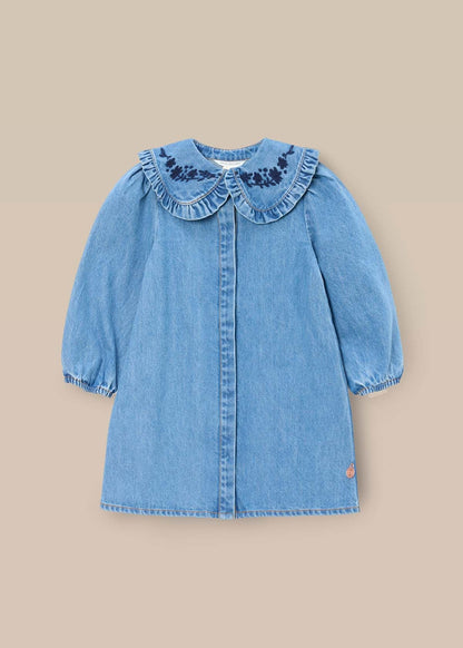 long sleeve girl denim embroidered collar dress