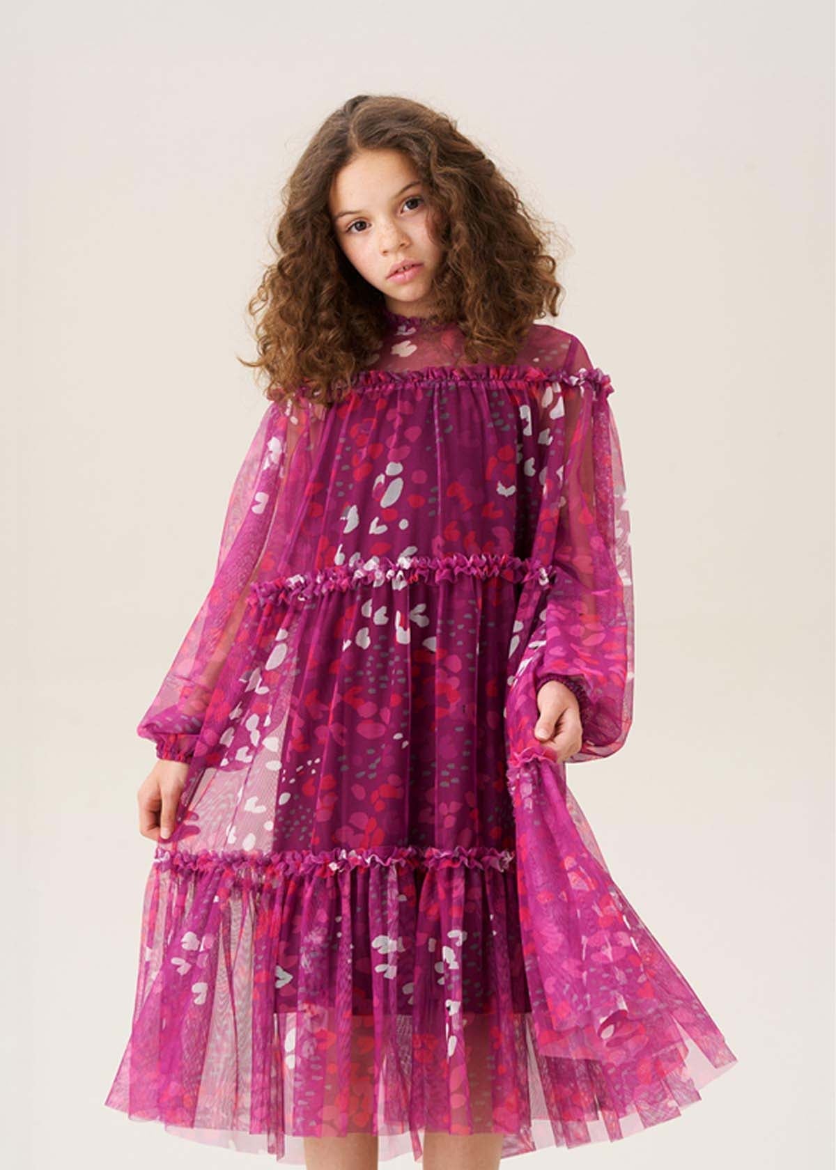 midi girl print mesh dress