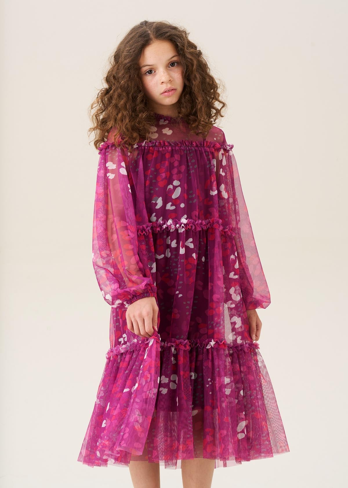 cotton girl print mesh dress