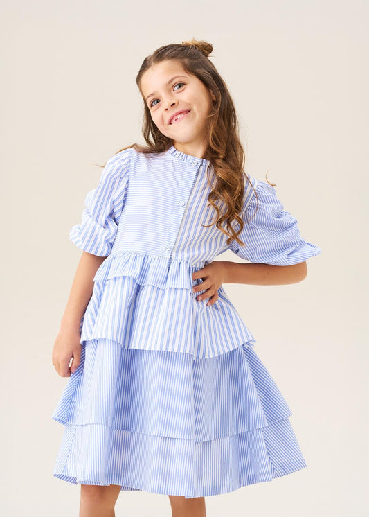 Girls Blue Mixed Stripe Tiered Dress
