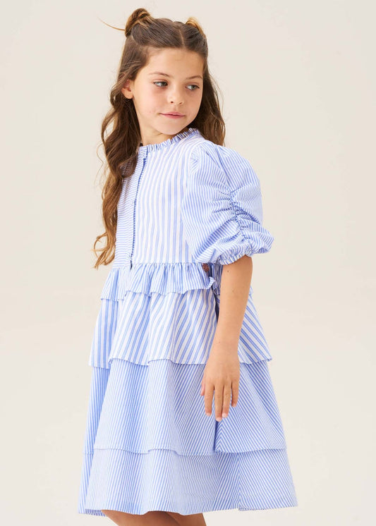 midi girls blue mixed stripe tiered dress