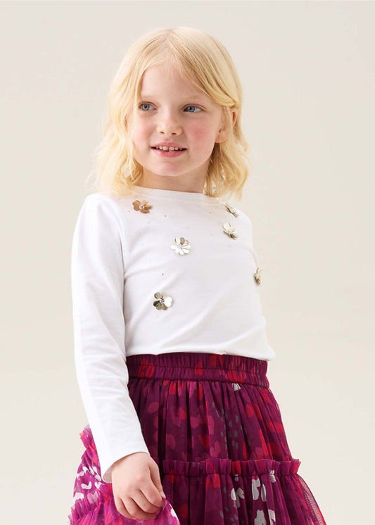 Girl Sequin Embellished Long Sleeve Tee White