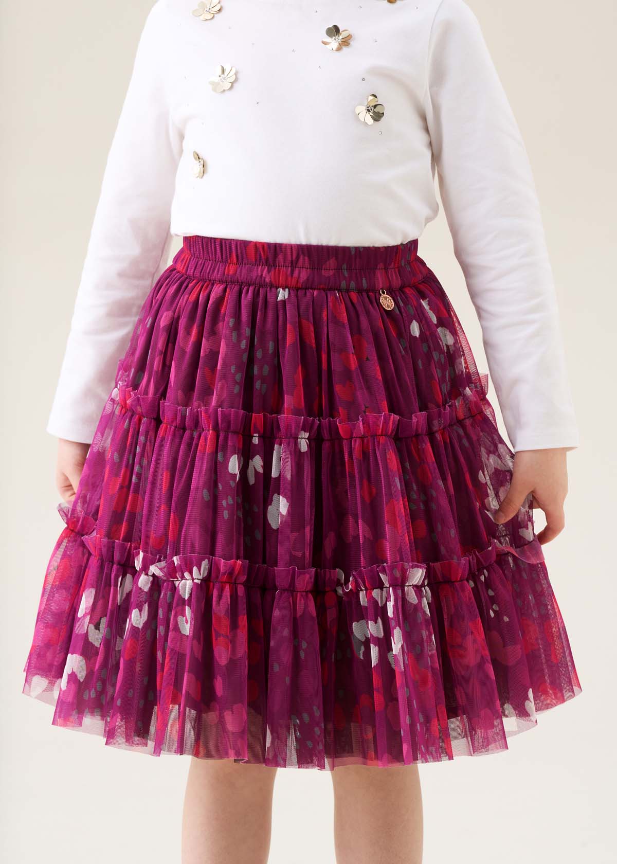 Girls Pink Printed Mesh Midi Skirt