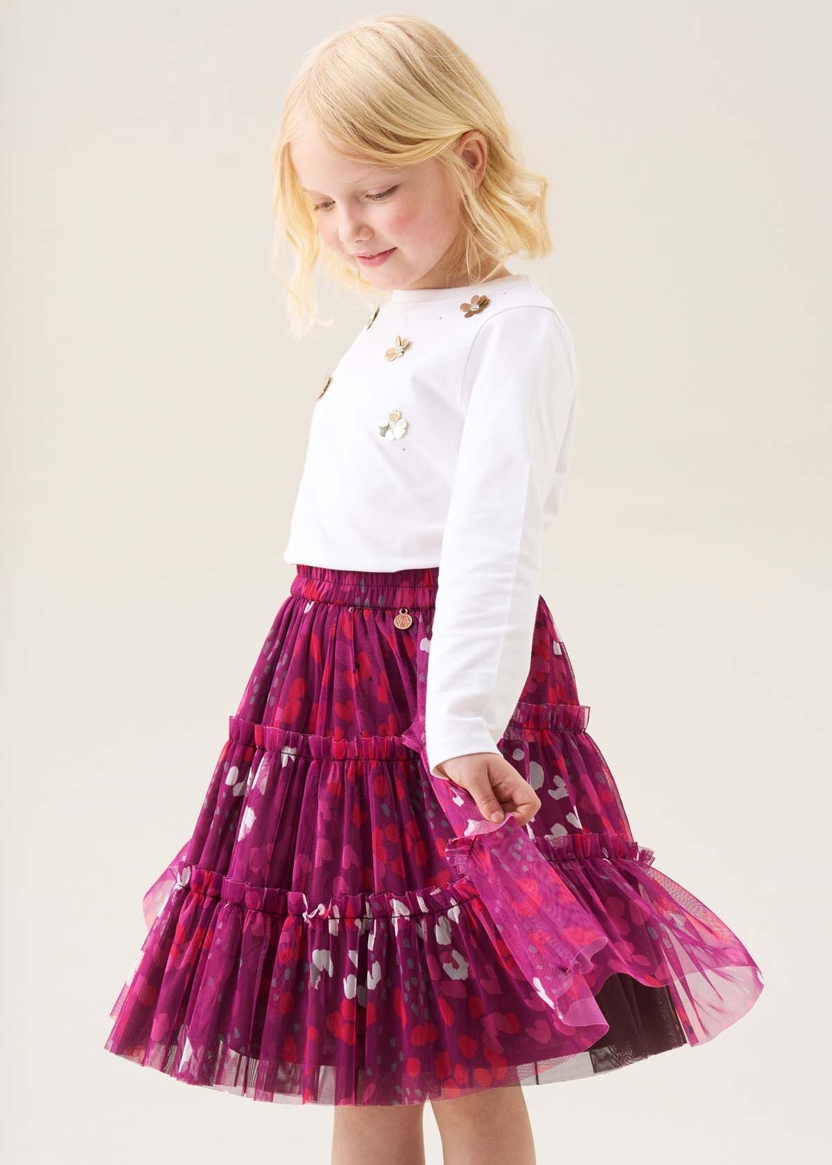 maxi girls pink printed mesh midi skirt