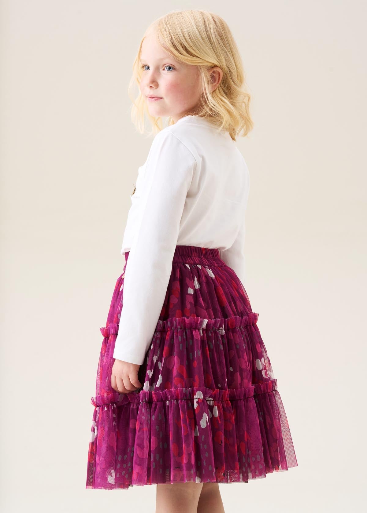 girls pink printed mesh midi skirt nearby