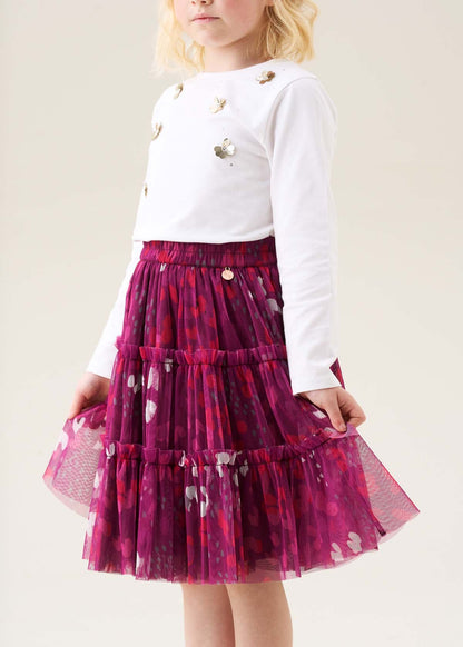 Girls cotton Pink Printed Mesh Midi Skirt