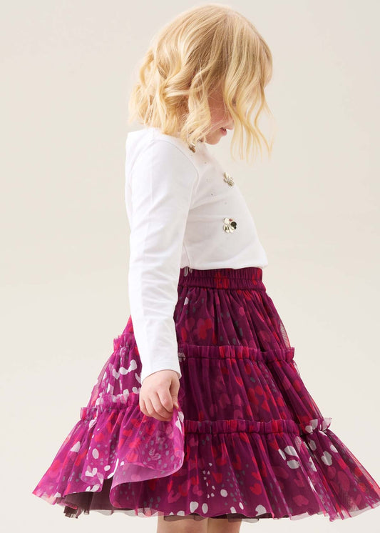 mid length girls pink printed mesh midi skirt