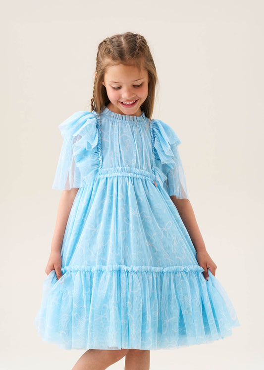 Girls Bow Print Mesh Dress Blue