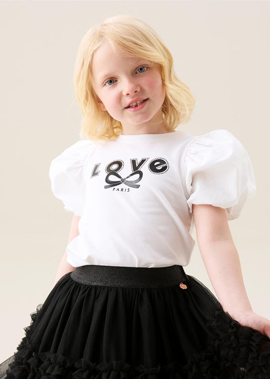 Girl White Puff Sleeve Embellished Tee White