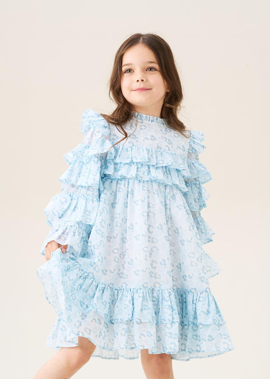 Girls Imogen Blue Leopard Frill Dress Blue
