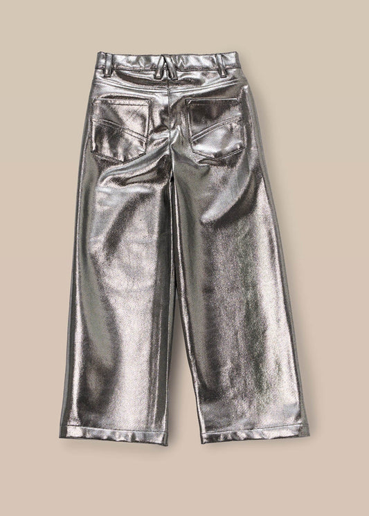 online girl wide leg metallic jean