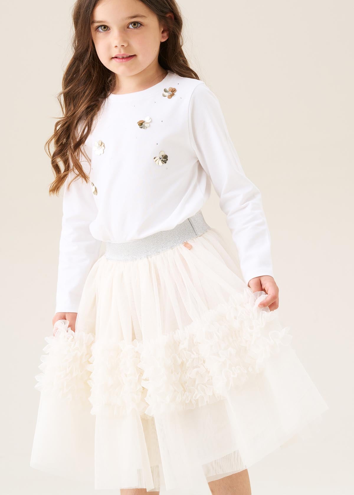 mid length girls ivory ruffle mesh skirt