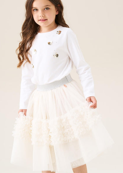mid length girls ivory ruffle mesh skirt