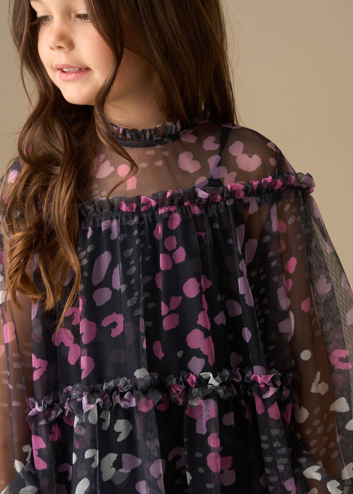 midi girl print mesh dress