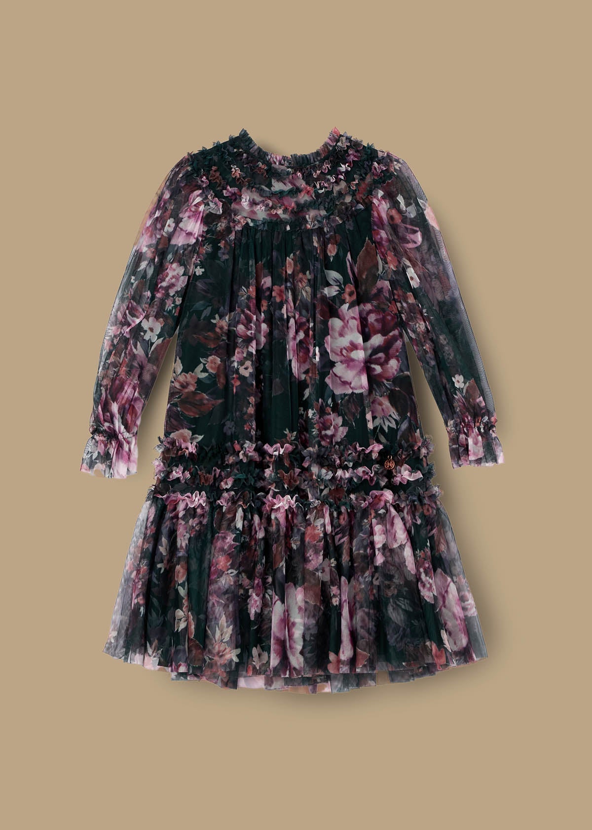 casual girl ruffle print mesh dress