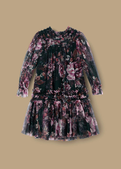 casual girl ruffle print mesh dress