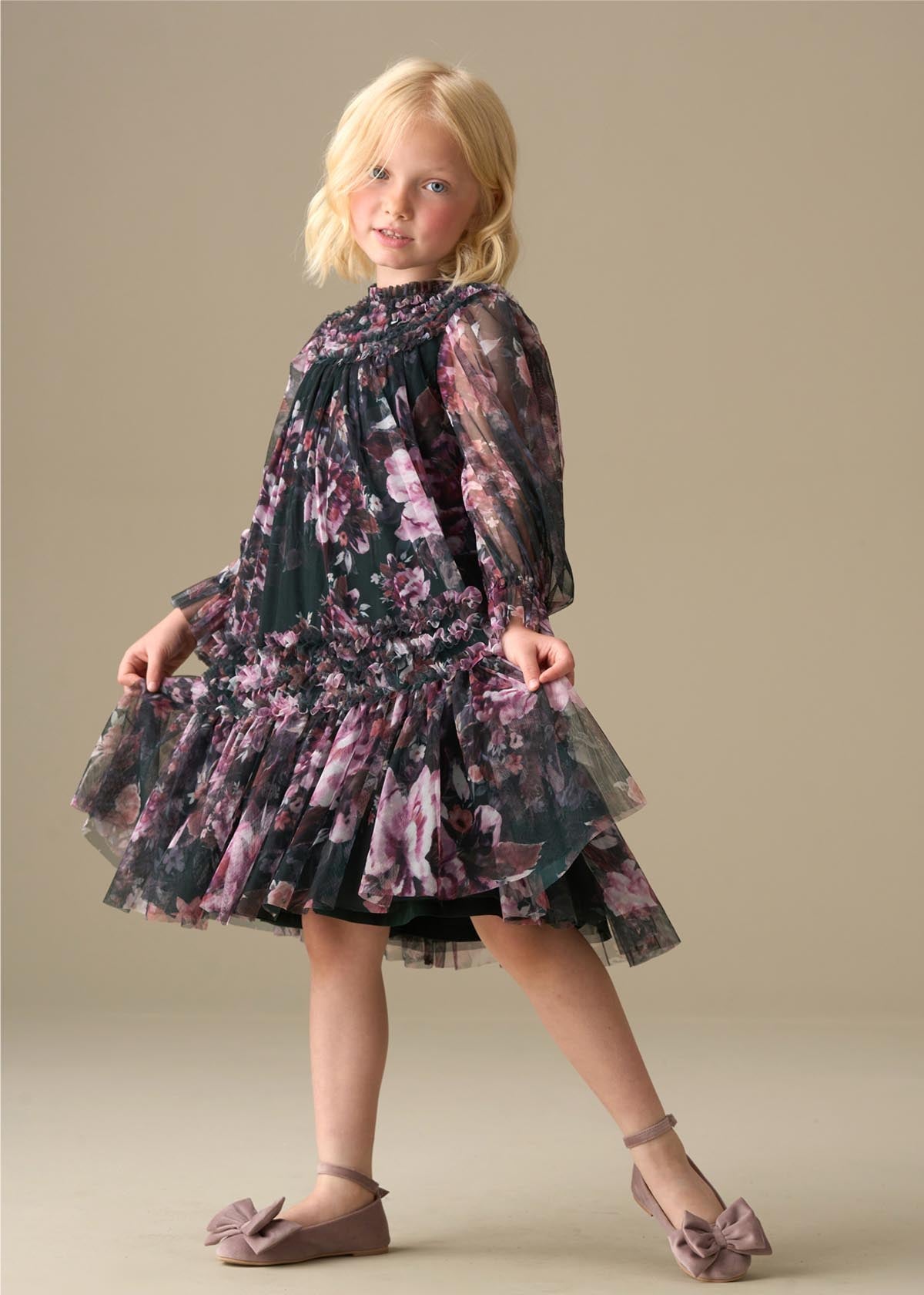 mini girl ruffle print mesh dress