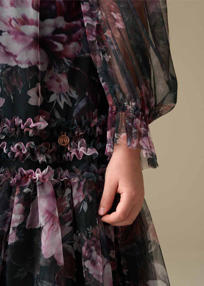 cotton girl ruffle print mesh dress