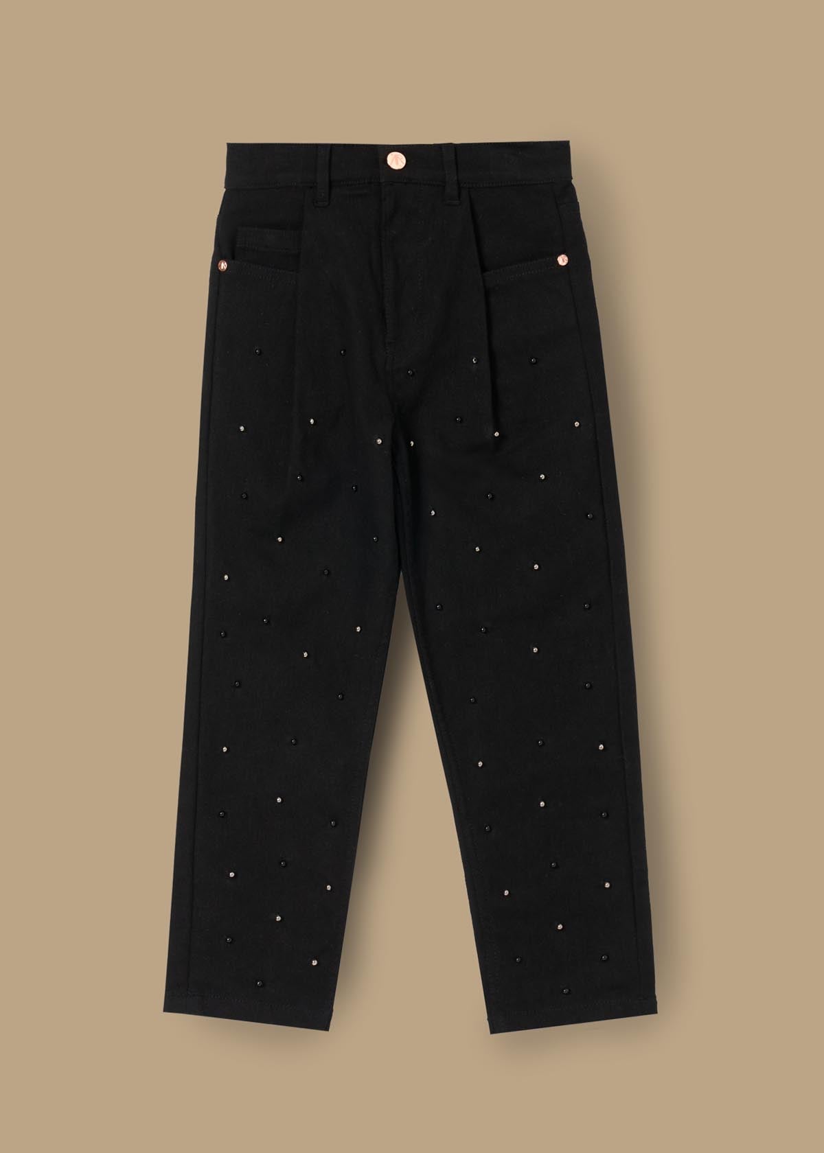 black girl beaded barrel leg jean