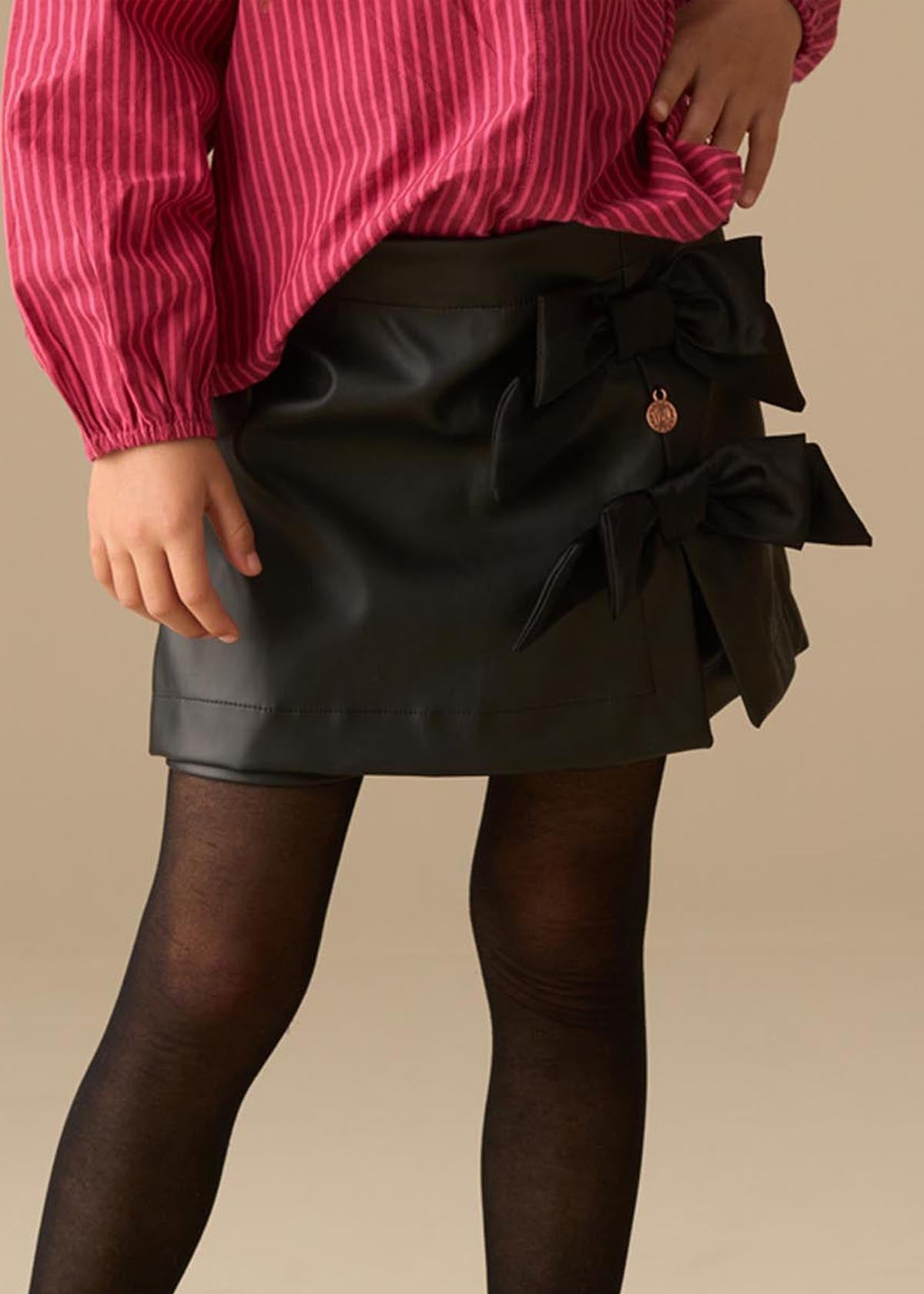 online girl side bow faux leather skort