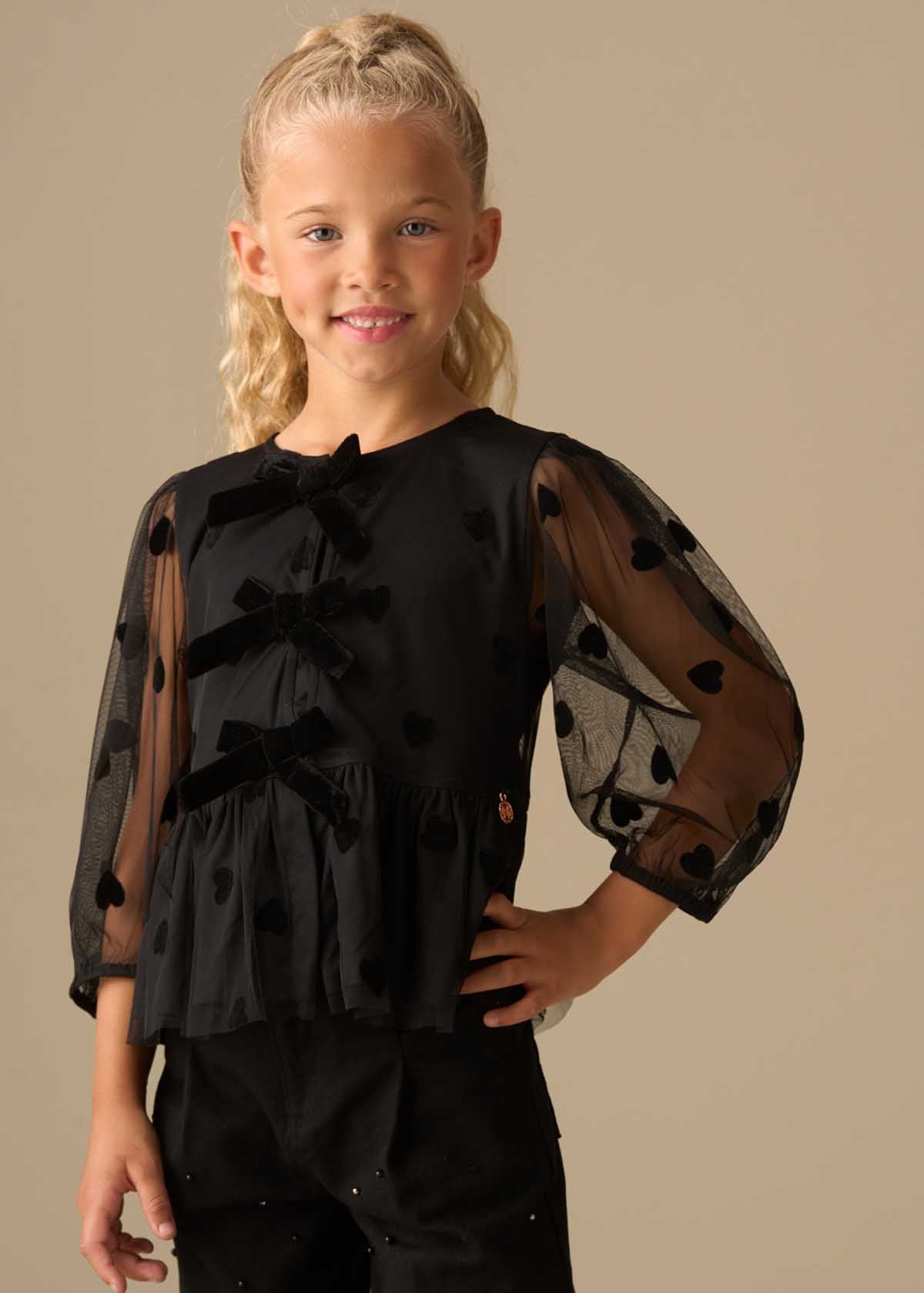 long sleeve girl flock heart mesh top