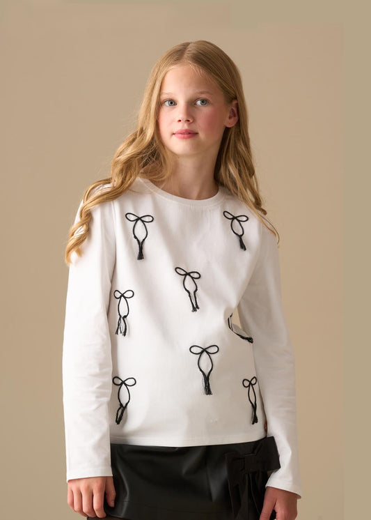 Girl Embroidered Bow Ls Top - White