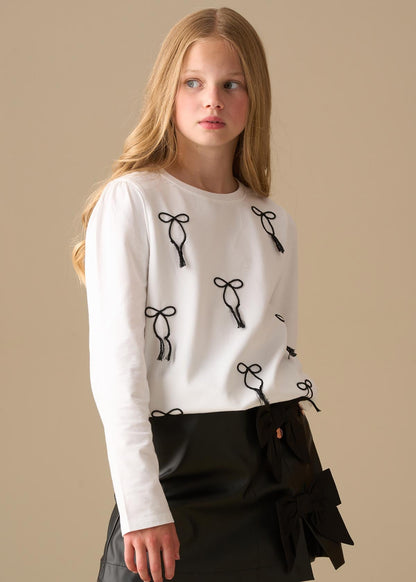 shirt girl embroidered bow ls top white