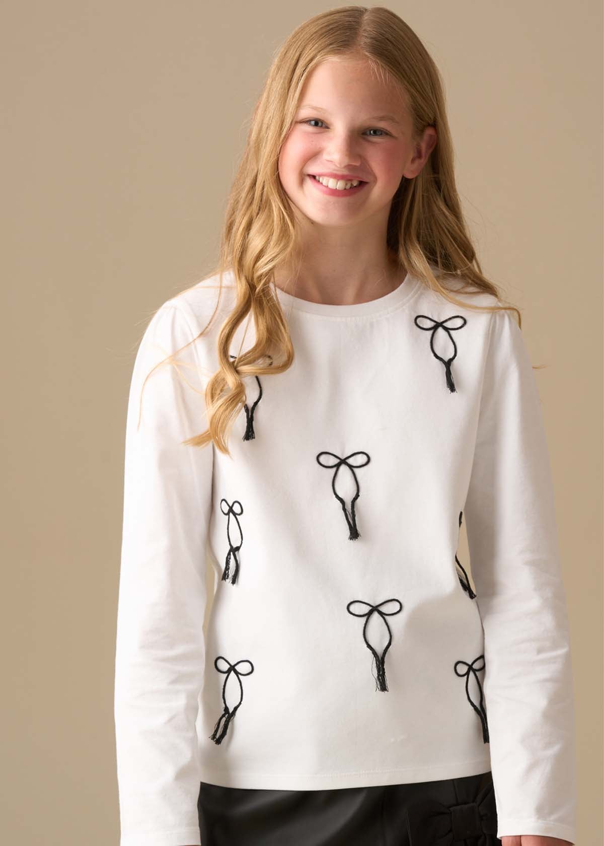 cotton girl embroidered bow ls top white