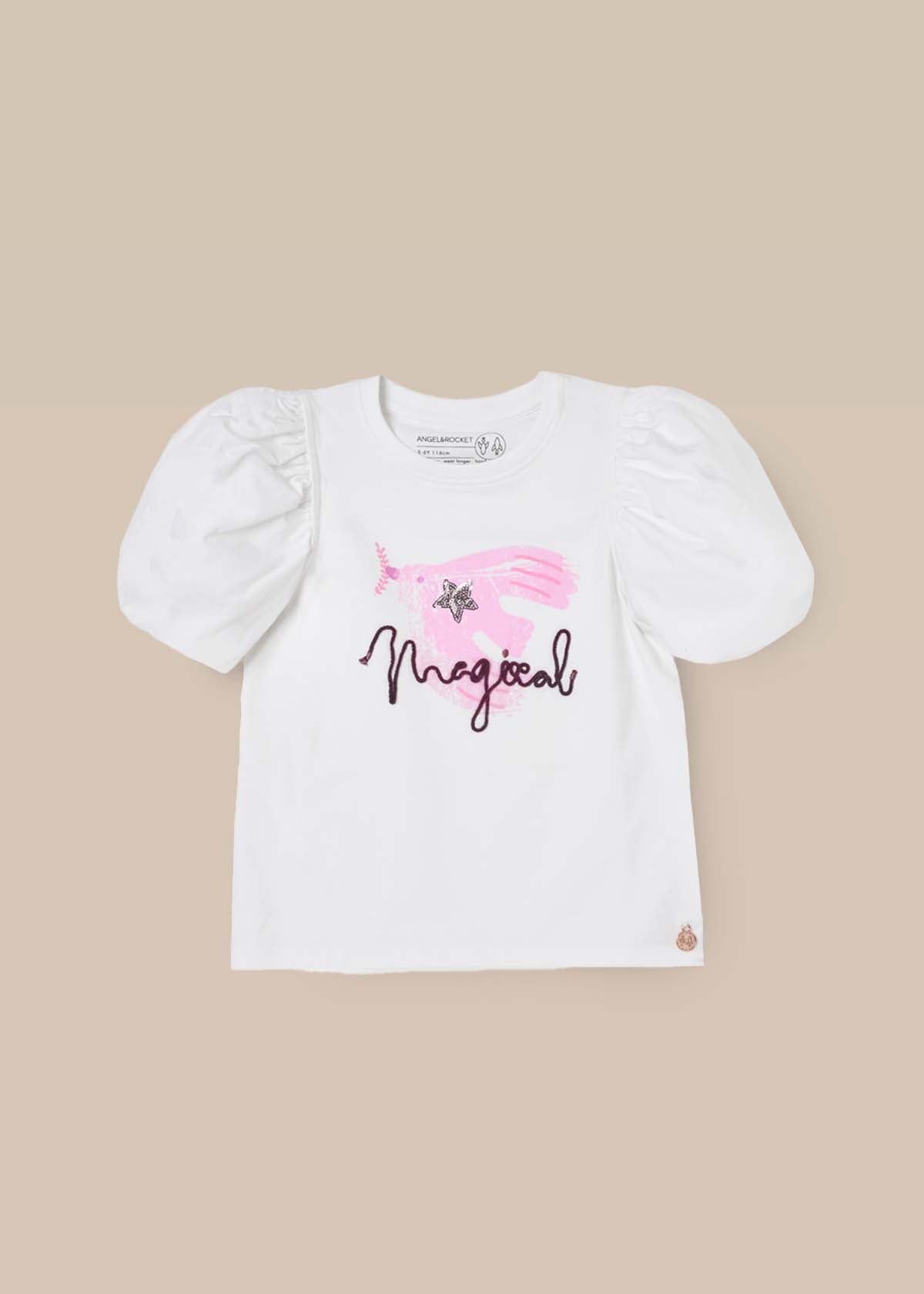 buy girl puff sleeve embellished top white