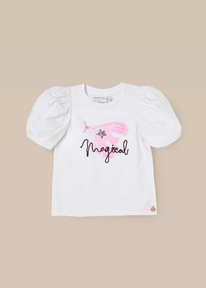 buy girl puff sleeve embellished top white