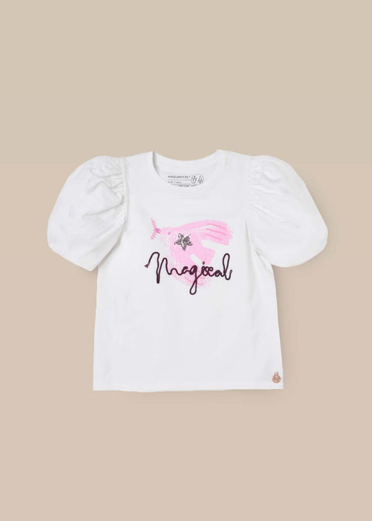 buy girl puff sleeve embellished top white