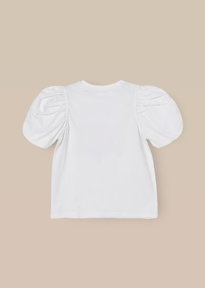short sleeve girl puff embellished top white